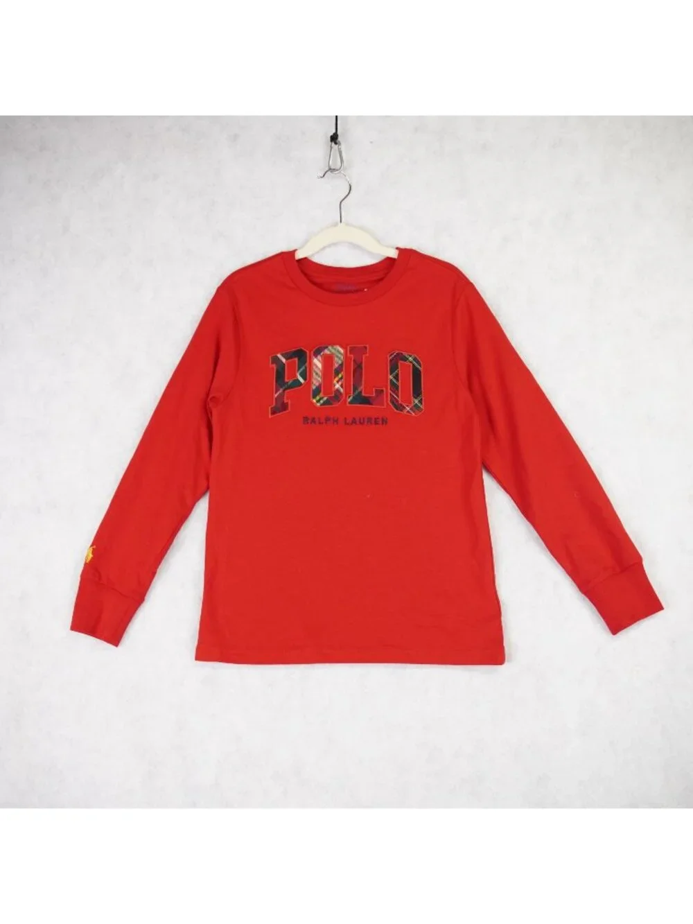 Polo Ralph Lauren Boys Red Long-Sleeve T-Shirt Plaid Logo Size 8 Small Cotton